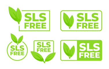 Set of SLS Free labels with a green leaf, indicating products without sodium lauryl sulfate for health conscious consumers.