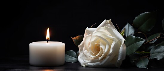 Fototapeta na wymiar A white rose is positioned next to a lit candle against a black background. The soft petals of the rose contrast with the warm glow of the flame, creating a simple yet elegant composition.