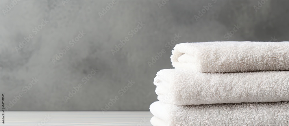 Poster several clean white towels are neatly stacked on top of a table, set against a grey background. the 