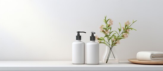 Obraz na płótnie Canvas A modern white bathroom tabletop is displayed with two bottles and a soap dispenser. The arrangement is neat and organized, creating a minimalist look.