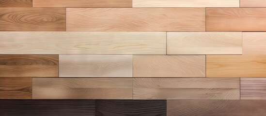 A variety of different types of wood, including oak parquet flooring samples, arranged on a gray background to create a unique wall display.