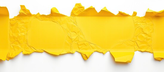 A piece of yellow paper has been torn, creating jagged edges and strips. The torn paper is isolated on a white background.