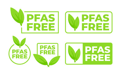 A set of PFAS Free badges in various designs with leaf motifs, indicating chemical free and environmentally safe products.