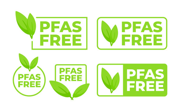 A set of PFAS Free badges in various designs with leaf motifs, indicating chemical free and environmentally safe products.