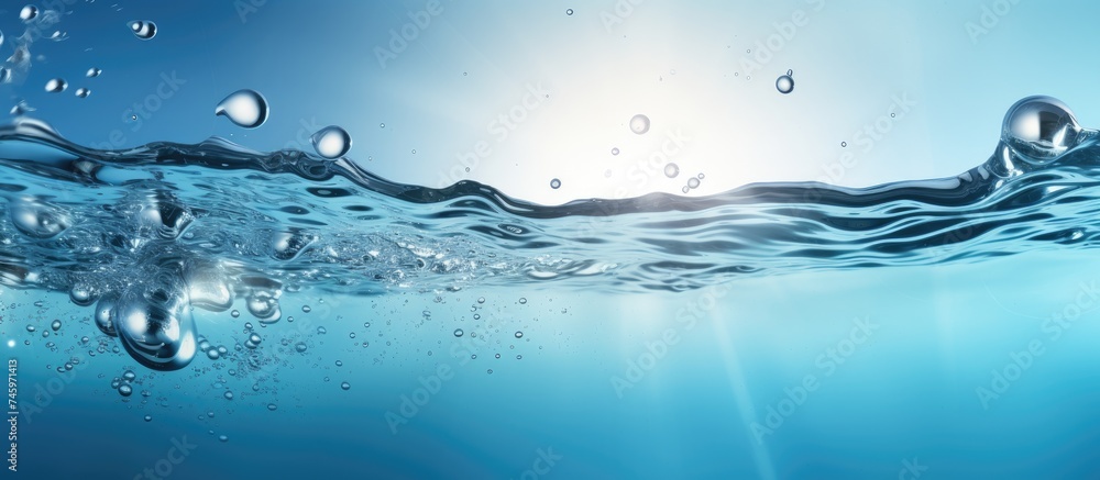 Poster the blue water background is filled with bubbles that create an interesting texture. the bubbles flo