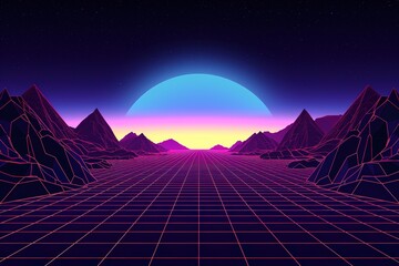 Neon grid and wireframe mountain silhouette