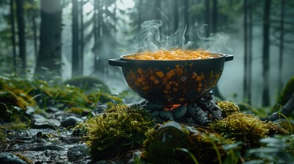 A dish cooked in the forest. Generative AI.