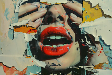 a photo of a woman washed out from papier mache a collage with many paper pieces, abstract whispers, oil on panel, street art graffiti-inspired, close-up