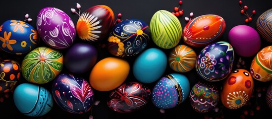 A group of colorfully painted eggs are stacked on top of each other, creating a vibrant and festive display. The eggs are adorned with various designs and colors,