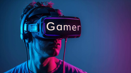 man wearing virtual reality glasses to play game, new gaming technology, career gamer and streamer a new career that is becoming popular and can generate income - obrazy, fototapety, plakaty