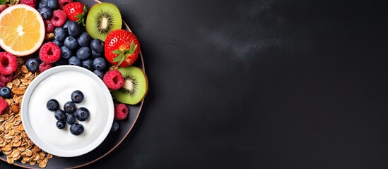 A plate containing a healthy breakfast spread of granola, Greek yogurt, various fruits, and blueberries laid out on a black background.