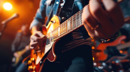 Close-up of guitarist strumming chords on stage - obrazy, fototapety, plakaty
