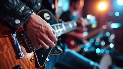Naklejka premium Musicians hands playing brown electric guitar