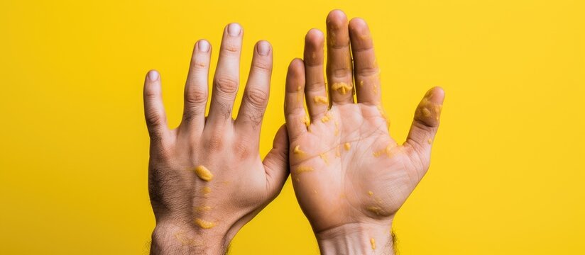 Hands of a male individual showing symptoms of a blistering rash, likely caused by monkeypox or another viral infection, with yellow paint residue on them.
