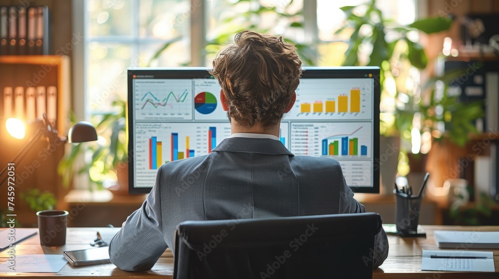 Poster taken from back, businessman examining graph on monitor in office at sunny day. generative ai.