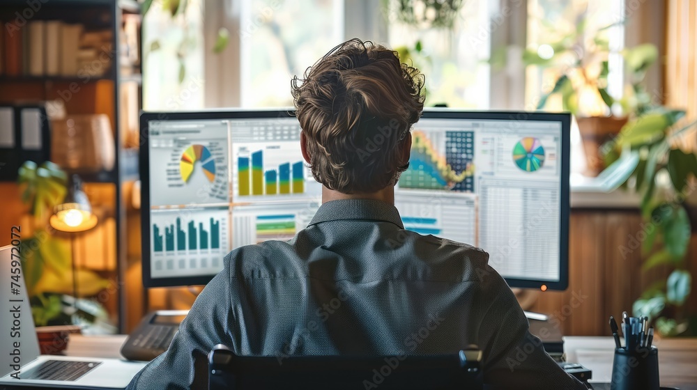 Poster taken from back, businessman examining graph on monitor in office at sunny day. generative ai.