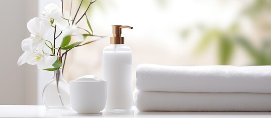 A white bathroom tabletop is adorned with a vase filled with colorful flowers and a soap dispenser, set against a blurred bathroom background.