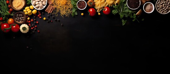 A variety of Italian pasta dishes creating a frame on a black surface. The selection includes options with meat, vegetables, seafood, chicken, and mushrooms like ravioli and olives.