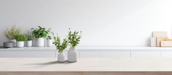 A modern white kitchen table with various plants displayed in vases. The plants add a touch of greenery to the clean and minimalistic table setting.
