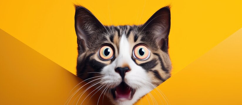 A crazy surprised cat with a wide-eyed expression is captured up close on a colored background. The felines shocked look is evident in the raised eyebrows and dilated pupils.