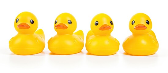 In the picture, a row of three yellow rubber duck toys are sitting next to each other. They are bright yellow in color and placed closely in a line on a white background.