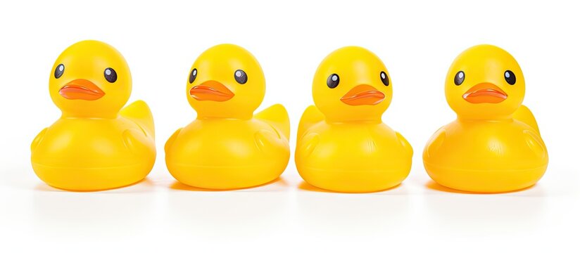In the picture, a row of three yellow rubber duck toys are sitting next to each other. They are bright yellow in color and placed closely in a line on a white background.