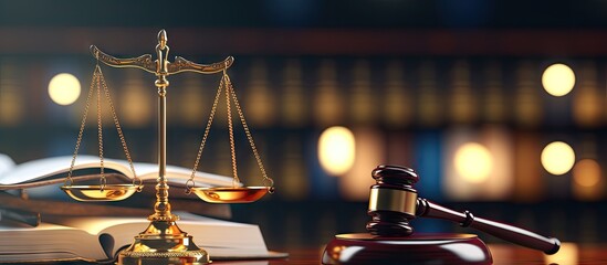 A close-up view of a judges gavel, a book, and scales of justice resting on a table. The background is blurry with a light hue. This image represents concepts of law and jurisdiction. - obrazy, fototapety, plakaty