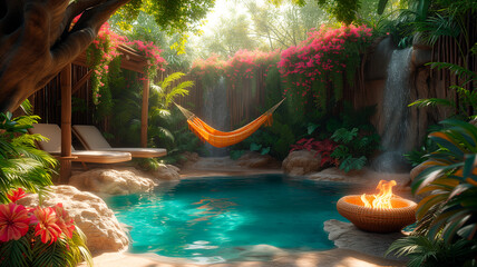 Tropical Backyard Oasis with Hammock and Tranquil Pool - obrazy, fototapety, plakaty