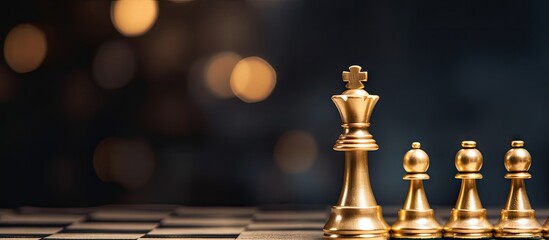 A wide banner showcasing a golden king and silver chess pieces engaged in a strategic battle on a chessboard. The competitive setting illustrates teamwork, leadership, and strategic business concepts. - obrazy, fototapety, plakaty