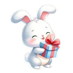 Obraz premium Watercolor cute bunny holding a gift box. Romantic animal. Valentine's element clipart. 