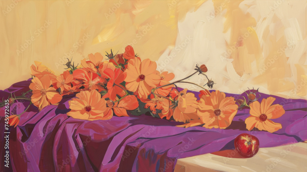 Canvas Prints Orange flowers lie on the table. Illustration in oil painting style
