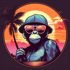 Cool sunset monkey wearing sunglasses, illustration, the retro vintage circle generated by AI. - obrazy, fototapety, plakaty
