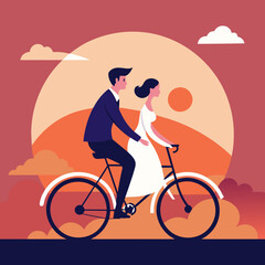 A bride and groom riding off into the sunset on a bicycle. vektor illustation