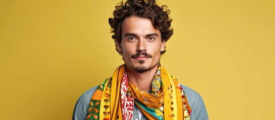 A man with a mustache is stylishly wearing a scarf, exuding a sense of charm and confidence. His attire is fashionable and adds character to his overall appearance.