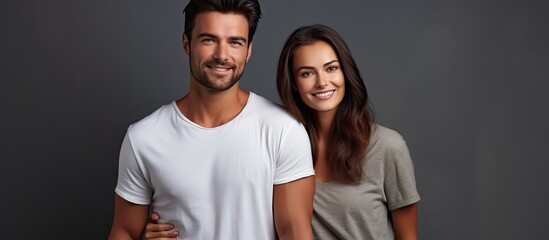 An attractive man and woman in casual clothes standing next to each other and smiling at the camera against a gray background. The couple appears relaxed and content.