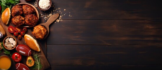 A dark wood table is covered with a variety of Superbowl or football-themed food items such as pizza, hamburgers, wings, snacks, and sides. The food fills the table,