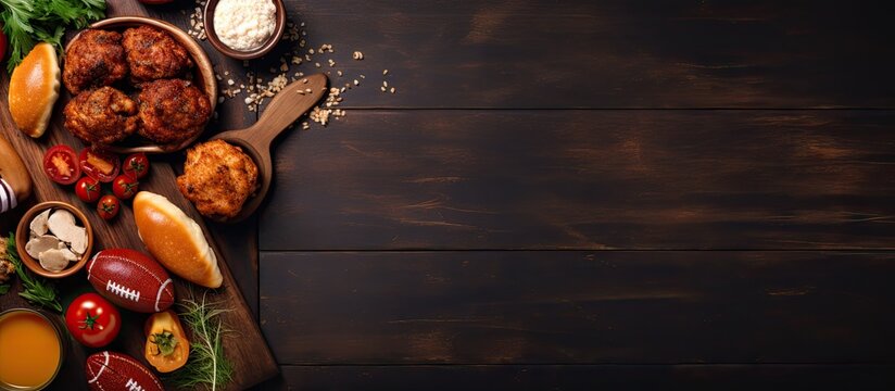 A dark wood table is covered with a variety of Superbowl or football-themed food items such as pizza, hamburgers, wings, snacks, and sides. The food fills the table,