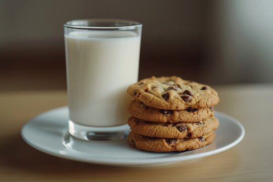 A comforting image of a delicious stack of chocolate chip cookies beside a full glass of milk on a wooden table