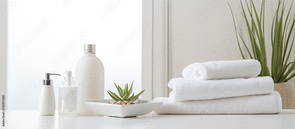 Poster a neat stack of white towels is placed on top of a white bathroom countertop, creating a clean and o