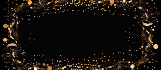 A striking black background is adorned with a shower of opulent gold confetti, perfect for a glamorous New Years party frame. The shimmering streamers add a touch of elegance to the festive occasion. - obrazy, fototapety, plakaty