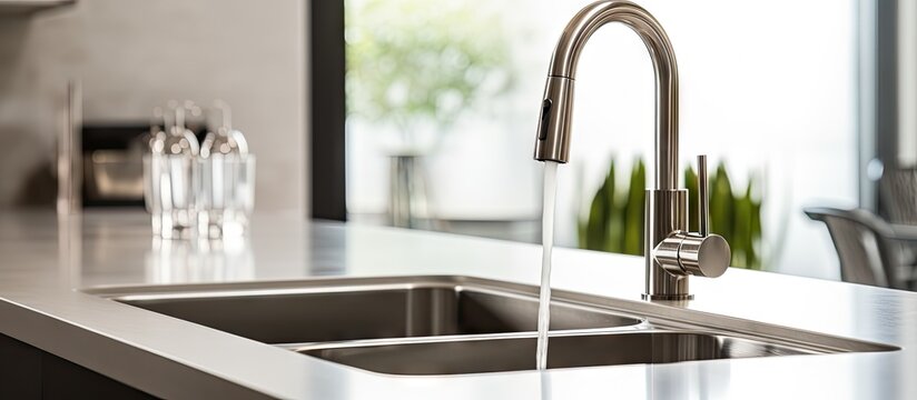 A modern kitchen sink is shown with a sleek faucet running water into the basin. The stainless steel sink is clean and contemporary, with water flowing from the faucet.