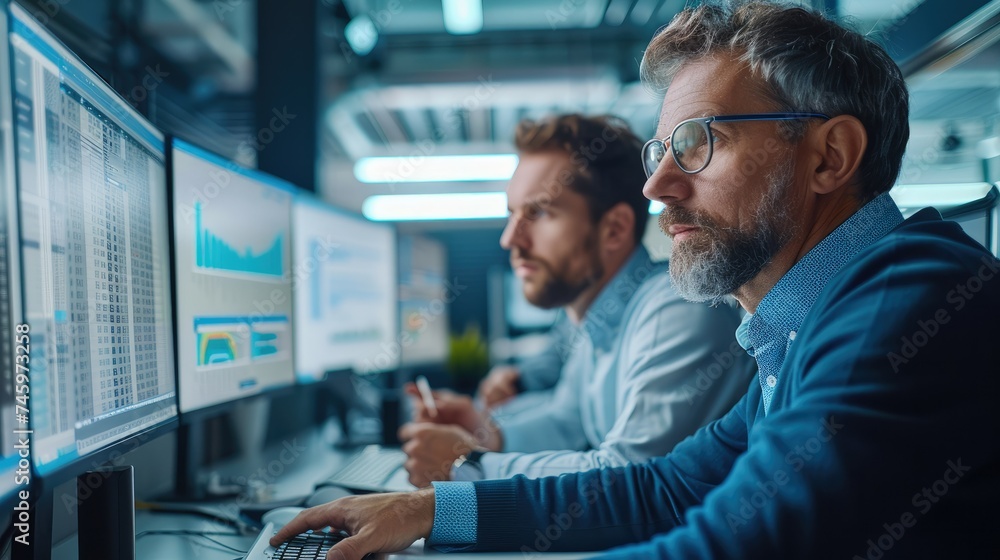 Aufkleber two project managers sitting together in front of monitors, discussing a project. generative ai.