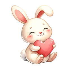 Watercolor cute bunny holding a heart. Romantic animal. Valentine's element clipart. 