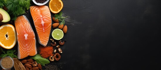 A top view of fish, nuts, avocado, oranges, and pineapples arranged on a dark background, showcasing various sources of omega-3 fatty acids. - obrazy, fototapety, plakaty