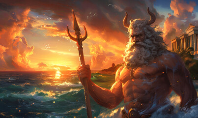 A high-quality portrait of Poseidon, god of the sea, at the coast during sunset, his presence invoking the awe and majesty of ancient myths