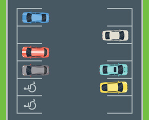 Top view of car vehicle in parking. Parking in city. Parking zone with place for disable. Parking lot with many cars top view. Vector stock © Jessica