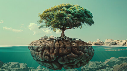 A thought provoking image of a tree with roots in the shape of a human brain denoting the growth of knowledge and the depth of human thought - obrazy, fototapety, plakaty