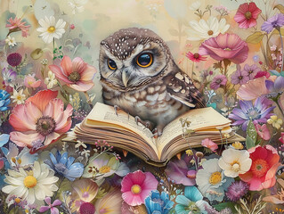 An adorable baby owl engrossed in reading, seated amidst pastel-colored flowers, depicted in a detailed, high-quality portrait