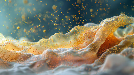 A microscopic perspective on the unique landscape of a fingertip dusted with pollen and fabric fibers illustrating the unseen interaction between human touch and the microscopic world - obrazy, fototapety, plakaty
