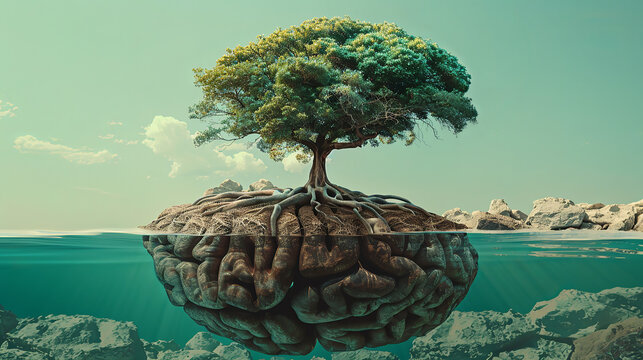 A thought provoking image of a tree with roots in the shape of a human brain denoting the growth of knowledge and the depth of human thought